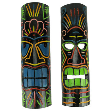 Brightly Colored Wood 20 inch Tall Tiki Totem Masks Set of 2