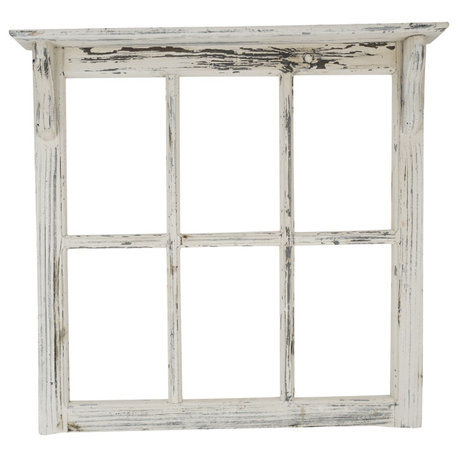 Farmhouse Six Panel Window With Shelf-Wall Decor, Vintage White