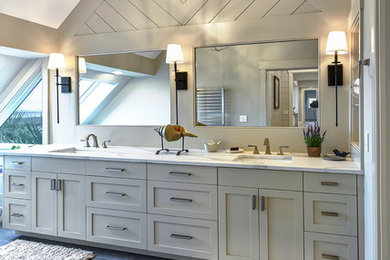 Design ideas for a transitional bathroom in Charleston with flat-panel cabinets, slate floors and engineered quartz benchtops.