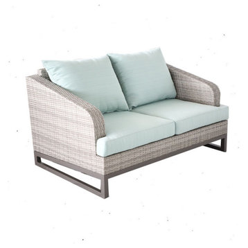 Comal Outdoor Wicker Loveseat, Gray With Aqua Cushions