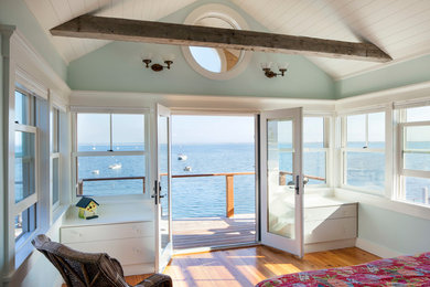 Example of a mid-sized eclectic master medium tone wood floor bedroom design in Boston with blue walls