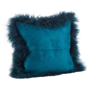 Mongolian Lamb Fur Poly Filled Throw Pillow, Teal, 16"x16"