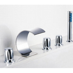 Contemporary Curved Shape Design Waterfall Tub Faucet with Hand Shower T7708 - Bathtub Faucets