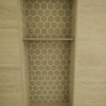 Bathroom shower + herringbone wood plank tile