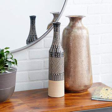 Tall Tan and Black Cylinder Decorative Vase With Geometric Polynesian Design