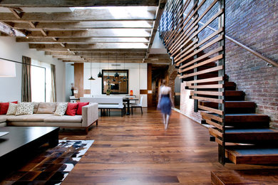 Basement - mid-sized modern walk-out brown floor basement idea in DC Metro with white walls