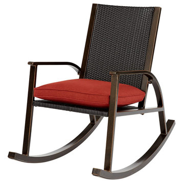 Outdoor Rocking Chair, Aluminum Frame With Cushioned Seat and Wicker Back, Red