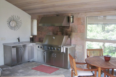 Patio kitchen - contemporary backyard tile patio kitchen idea in Ottawa with a roof extension