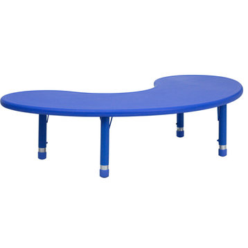 35''Wx65''L Half-Moon Blue Plastic Height Adjustable Activity Table