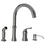 MR Direct - 710 4-Hole Kitchen Faucet, Chrome - The 710-C Four-Hole Kitchen Faucet is available in a brushed nickel, oil-rubbed bronze, or chrome finish. It contains a 360 degree spout and includes a soap dispenser and side spray for easy cleaning. The dimensions for the 710-C are 12 5/8" tall with a 9 7/8" spout reach and it is ADA approved. The faucet is pressure tested to ensure proper working conditions and is covered under a lifetime warranty. The 710-C has so many great components that are sure to make your kitchen sink user-friendly.
