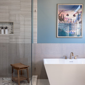 Spa Like Primary Bathroom Remodel with Warm Wood & Brass Details