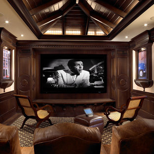 Island style carpeted and multicolored floor home theater photo in Miami