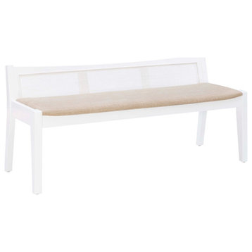 Linon Memphis Wood Cane Bench with Padded Seat in White