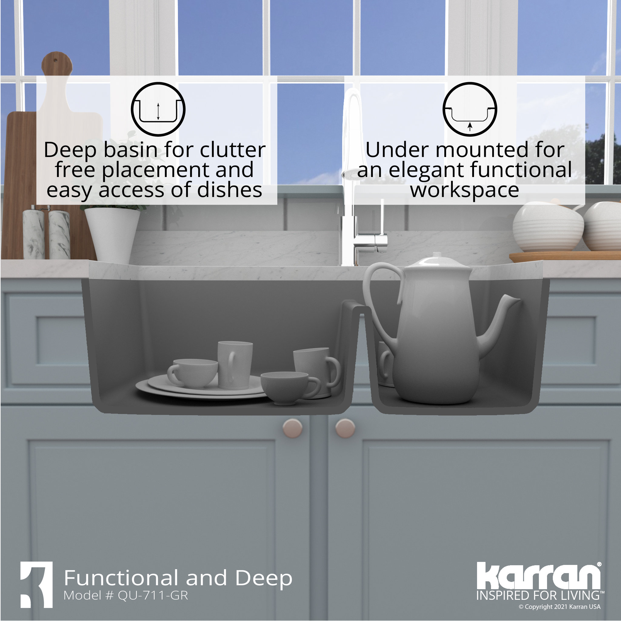 Karran Undermount Quartz 32" 60/40 Double Bowl Kitchen Sink, Grey