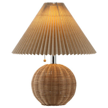 Scandinavian Rattan/Iron Sphere LED Table Lamp With Pleated Shade and Pull Chain