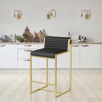 Giza Counter Stool, Brushed Gold Counter Stool, Faux Leather Ribbed Seat, Black