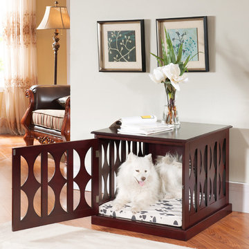 Emma Pet Crate in Mahogany Wood with Geometric Designs by Elegant Home Fashions