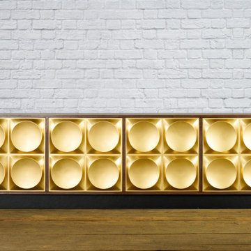 Walnut and Gold Credenza. Modern Credenza, Mid Century Style. Regency, TV Stand