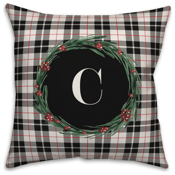 Black Plaid Monogram Wreath C 18x18 Spun Poly Pillow