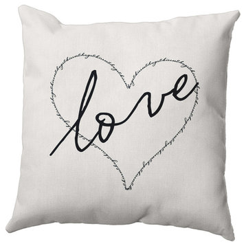 18"x18" Love, Hugs & Kisses Valentines Indoor/Outdoor Pillow, Black-White