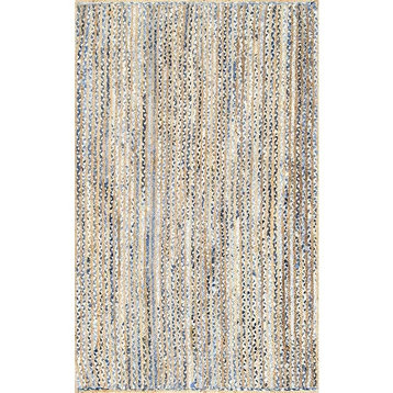 Farmhouse Area Rug, Pure Jute With Denim Blue Cotton Striped Pattern, 8' X 11'
