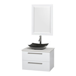 30 inch Single Bathroom Vanity in Glossy White, White Man-Made Stone Countertop, - Bathroom Vanities And Sink Consoles