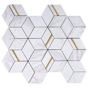 Hexagon Gold And White Marble Tile With Metal Stainless Steel, 10 Sheets