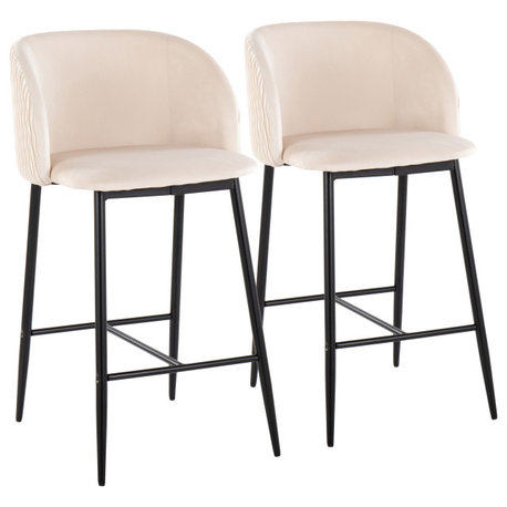 Fran Pleated Counter Stool, Set of 2, Chrome Metal, White Velvet