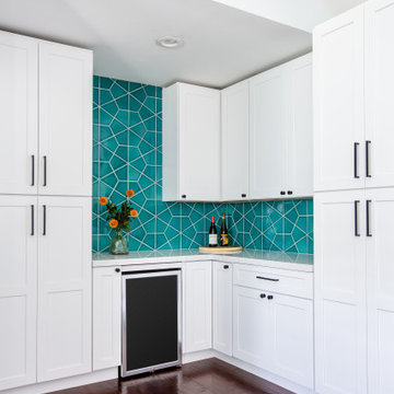 White Kitchen with Blue Hex Tile Wet Bar
