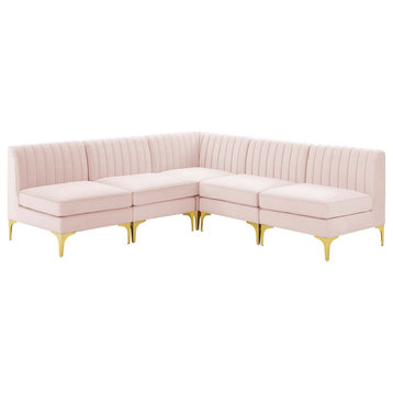 Tufted Sectional Sofa Set, Velvet, Pink, Modern, Living Lounge Hotel Hospitality