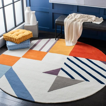 Transitional Area Rug, Multicolored Retro Geometric Patterned Wool, 7' Round