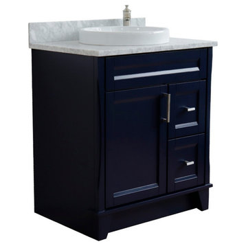 31" Single Sink Vanity, Blue Finish With White Carrara Marble With Round Sink