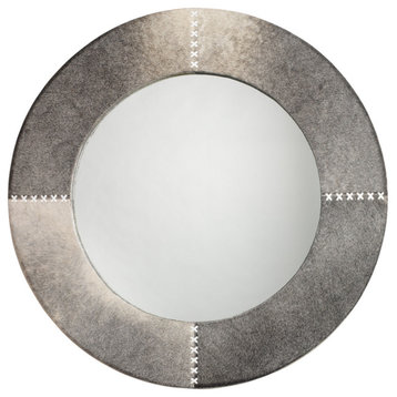 Gray Cow Hide Leather Round Cross Stitch Wall Mirror