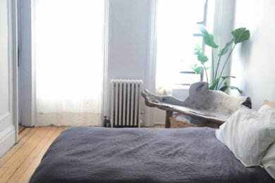 Mid-sized trendy master light wood floor and brown floor bedroom photo in New York with white walls and no fireplace