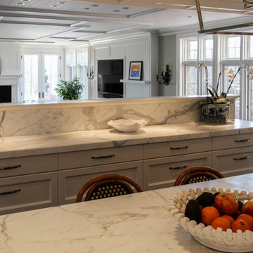Great room/kitchen with white marble