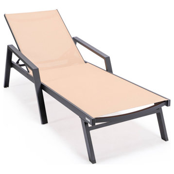 LeisureMod Marlin Patio Chaise Lounge Chair With Armrests, Light Brown