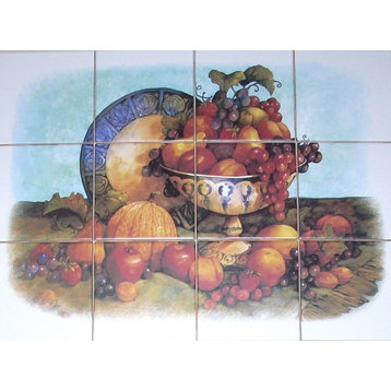 Fruit Kiln Fired Ceramic Tile Mural Grapes Apple Backsplash, 12-Piece Set