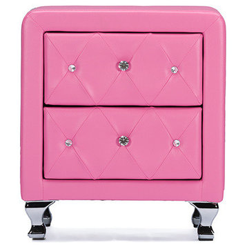 Stella Crystal Tufted Pink Leather Modern Nightstand