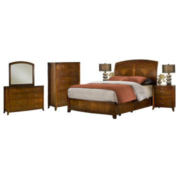 Viven 6PC Queen Storage Bed, 2 Nightstand, Dresser, Mirror, Chest in Spice