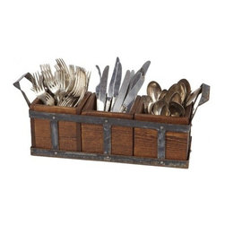 Vintage Wood and Metal Silverware Caddy - Utensil Holders And Racks