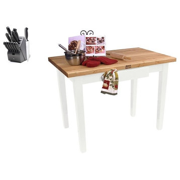 John Boos Maple Classic Country Table 48x25 and Henckels Knife Set, Alabaster, No Shelf, No Drawer, Casters
