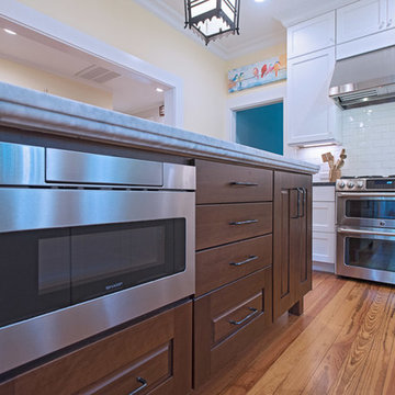 Transitional White Kitchen with Cherry Island
