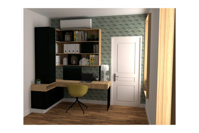 Cette image montre un petit bureau design avec un bureau intégré.