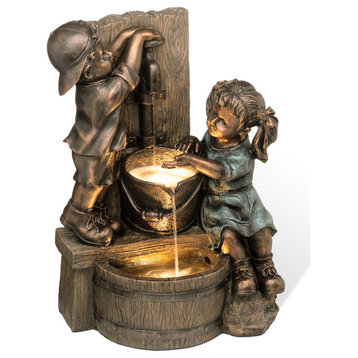 25.5"H Polyresin Boy and Girl Sculptural Outdoor Fountain With LED Light