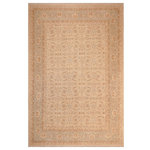 Bareens Designer Rugs - Shabby Chic Ziegler Willodea Beige Green Hand-Knotted Wool Rug - 8'0'' x 9'11'' - Enhance the ambiance of your home with this magnificent Persian-influenced Turkish hand-knotted rug made by skilled artisans capable of creating the most exceptional vegetable dyes and hand-spun wool. This exquisite handmade rug is a one-of-a-kind Peshawar Kafkaz, otherwise identified as Chobi, Chobi Peshawar, Oushak, or Ziegler rug. These handmade rugs are crafted in Pakistan utilizing superior-quality wool imported from Australia, New Zealand, and Korea in two types of weaves: the Persian weave and the Mori weave. This rug is meticulously crafted by hand using the finest natural vegetable dyes extracted from local plants. The artisans use a blend of hand-spun local and fine merino wool, resulting in a rug with a compelling texture, higher lanolin content, and longer staple. The artisans occasionally incorporate natural or artificial silk into the pile to enhance specific motifs. The finished product is an awe-inspiring execution of flawless design and an understated palette that exudes elegance.