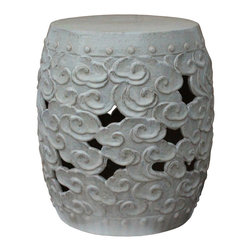 Ceramic Clay Off White Glaze Round Scroll Pattern Garden Stool cs4784 - Side Tables And End Tables