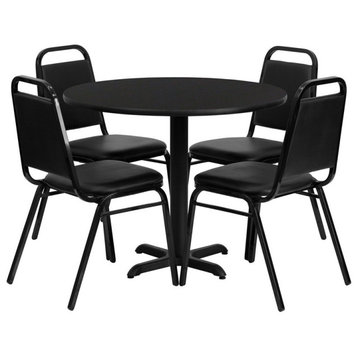 36'' Round Black Laminate Table Set, 4 Black Trapezoidal Back Banquet Chairs