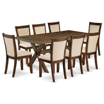 X777MZN32-9 Dining Table and 8 Light Beige Chairs - Distressed Jacobean Finish