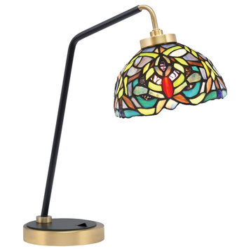 1-Light Desk Lamp, Matte Black/New Age Brass Finish, 7" Kaleidoscope Art Glass