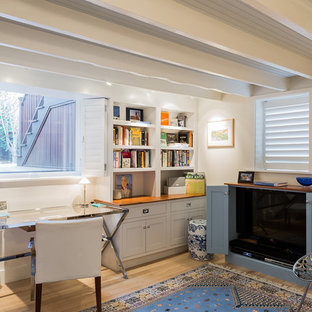 Photo of a small traditional look-out basement in Boston with light hardwood flooring, white walls and beige floors.